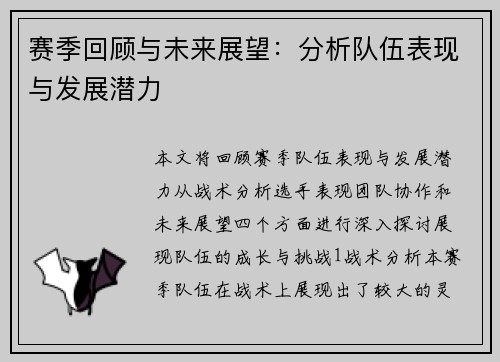 赛季回顾与未来展望：分析队伍表现与发展潜力