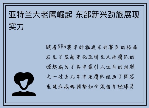亚特兰大老鹰崛起 东部新兴劲旅展现实力