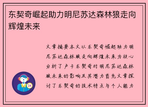 东契奇崛起助力明尼苏达森林狼走向辉煌未来