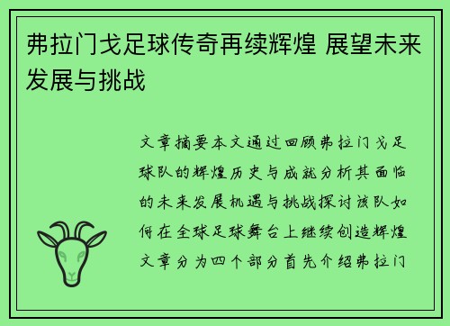 弗拉门戈足球传奇再续辉煌 展望未来发展与挑战